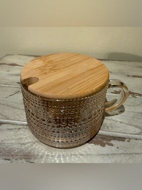 Glass Embossed Coffee Mug Tea Cup with Bamboo Lid